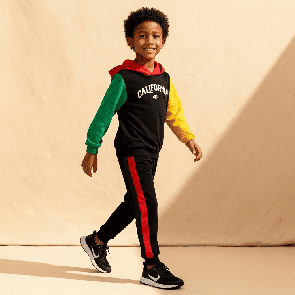 california-hoodie-boy-model-styles-by-syl Black colorblock hoodie with “CALIFORNIA” graphic, red hood, yellow & green sleeves + matching black joggers with striped sides — sporty, bold outfit for boys.