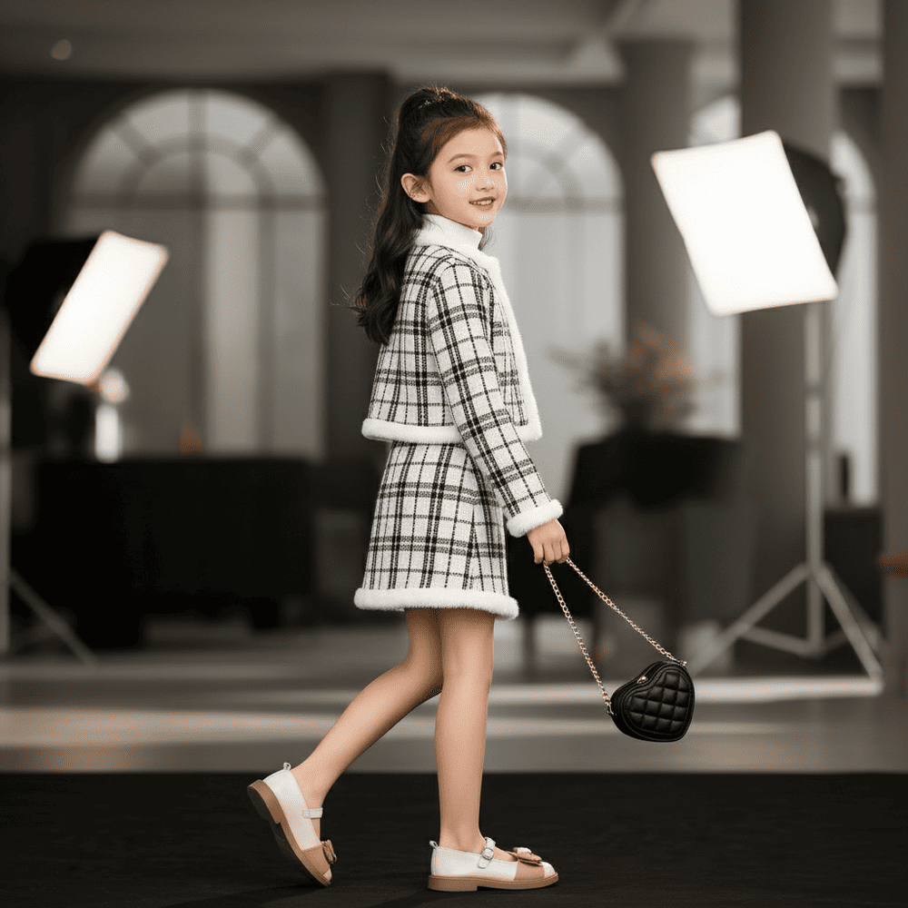 Black and white tweed plaid jacket and skirt set with soft white fleece trim — classic, elegant outfit for girls and teens.