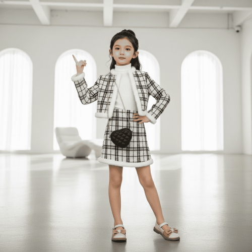 Black and white tweed plaid jacket and skirt set with soft white fleece trim — classic, elegant outfit for girls and teens.
