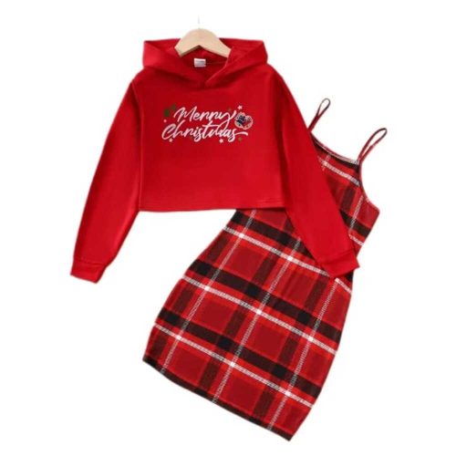 Red Christmas hoodie with “Merry Christmas” graphic paired with red plaid slip dress — festive holiday outfit for women or teens.