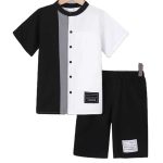 Black and white colorblock button-up shirt with gray stripe + matching black shorts — modern, minimalist outfit for boys.