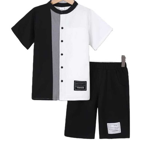 Black and white colorblock button-up shirt with gray stripe + matching black shorts — modern, minimalist outfit for boys.