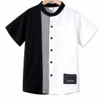 Black and white colorblock button-up shirt with gray stripe — modern, minimalist outfit for boys.