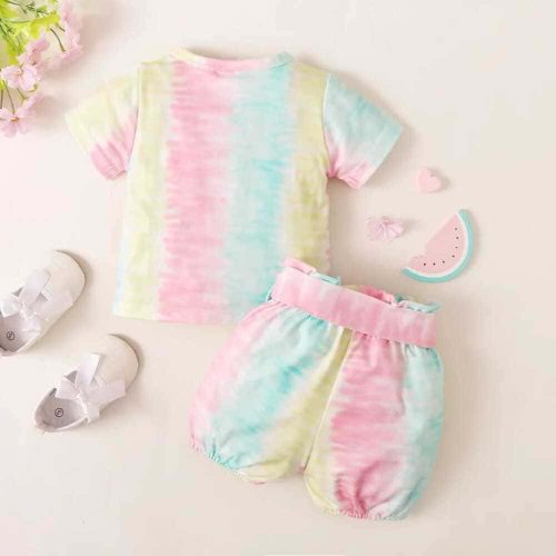 Pastel tie-dye romper with “Daddy’s little” print and matching bow belt — sweet, soft outfit for baby girls.