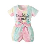 Pastel tie-dye romper with “Daddy’s little” print and matching bow belt — sweet, soft outfit for baby girls.