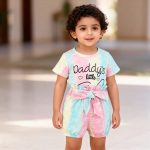 Pastel tie-dye romper with “Daddy’s little” print and matching bow belt — sweet, soft outfit for baby girls.