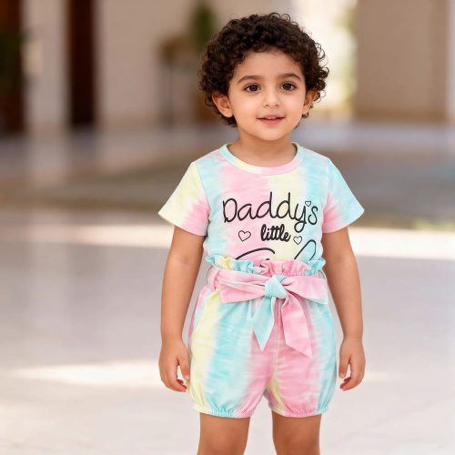 Pastel tie-dye romper with “Daddy’s little” print and matching bow belt — sweet, soft outfit for baby girls.