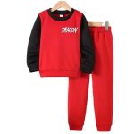 Red kids’ sweatshirt with “DRAGON” graphic and black contrast sleeves, paired with matching red jogger pants — bold, sporty outfit.