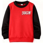 Red kids’ sweatshirt with “DRAGON” graphic and black contrast sleeves, paired with matching red jogger pants — bold, sporty outfit.