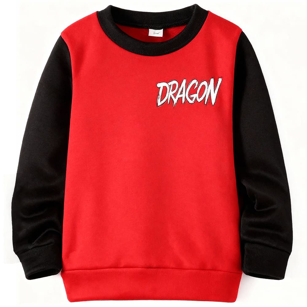 Red kids’ sweatshirt with “DRAGON” graphic and black contrast sleeves, paired with matching red jogger pants — bold, sporty outfit.