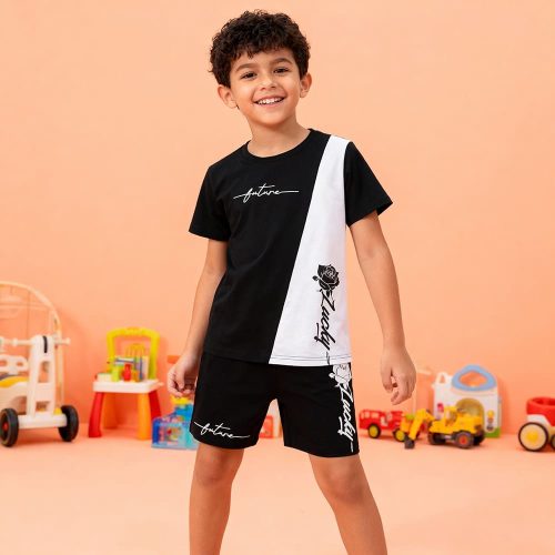 Black t-shirt with white diagonal panel, “future” script, and rose print + matching black shorts — edgy, modern outfit for boys or girls.