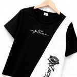 Black t-shirt with white diagonal panel, “future” script, and rose print — edgy, modern outfit for boys or girls.
