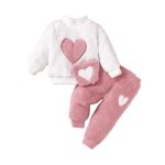 White fleece top with pink heart appliqué + matching pink pants with white heart detail — sweet, snuggly outfit for girls.