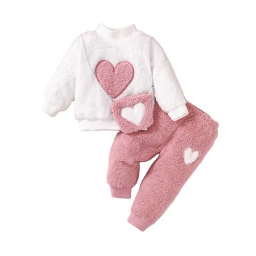 White fleece top with pink heart appliqué + matching pink pants with white heart detail — sweet, snuggly outfit for girls.