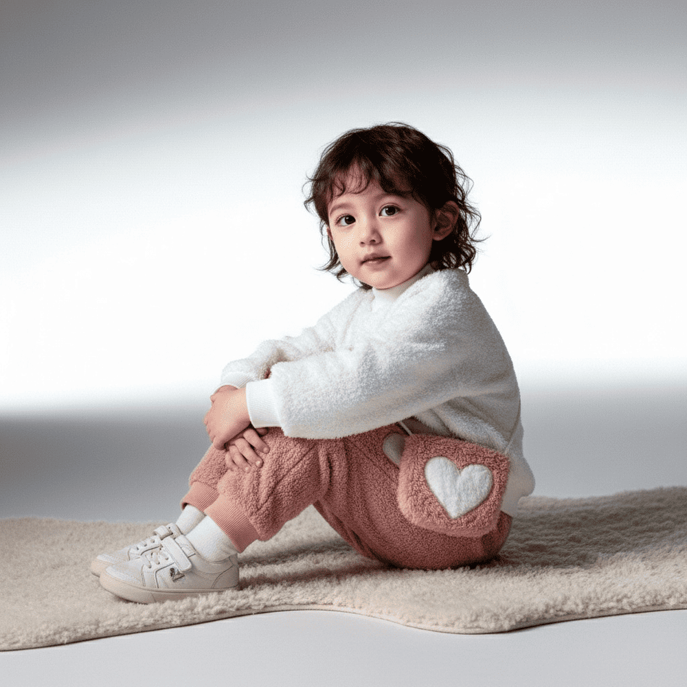 White fleece top with pink heart appliqué + matching pink pants with white heart detail — sweet, snuggly outfit for girls.