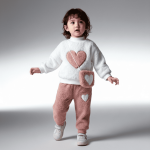 White fleece top with pink heart appliqué + matching pink pants with white heart detail — sweet, snuggly outfit for girls.