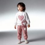 White fleece top with pink heart appliqué + matching pink pants with white heart detail — sweet, snuggly outfit for girls.