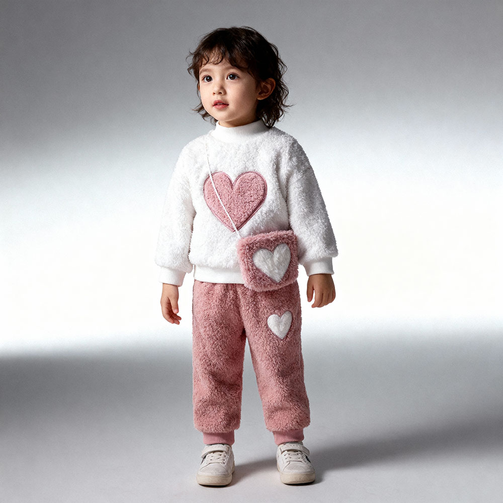 White fleece top with pink heart appliqué + matching pink pants with white heart detail — sweet, snuggly outfit for girls.