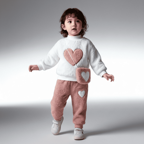 White fleece top with pink heart appliqué + matching pink pants with white heart detail — sweet, snuggly outfit for girls.