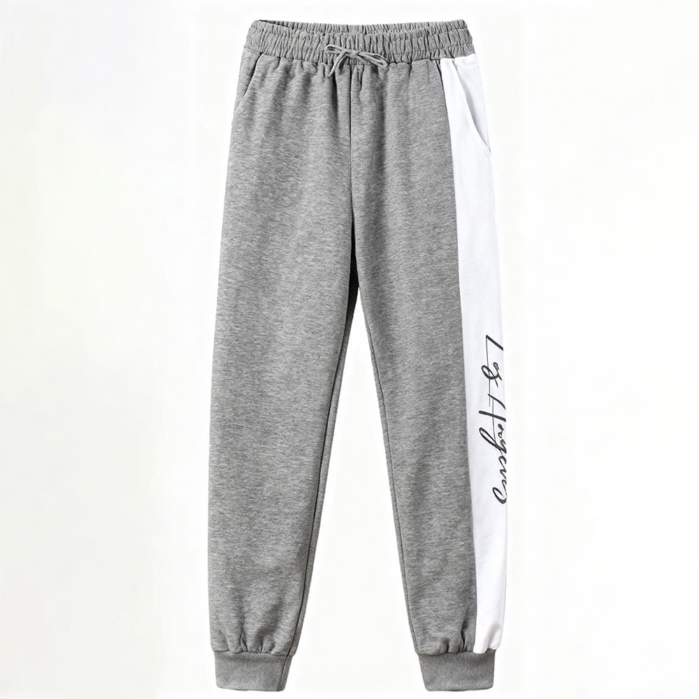 Gray long sleeve top and jogger pants with white side stripe and “Los Angeles” script — modern, minimalist outfit for boys or girls.