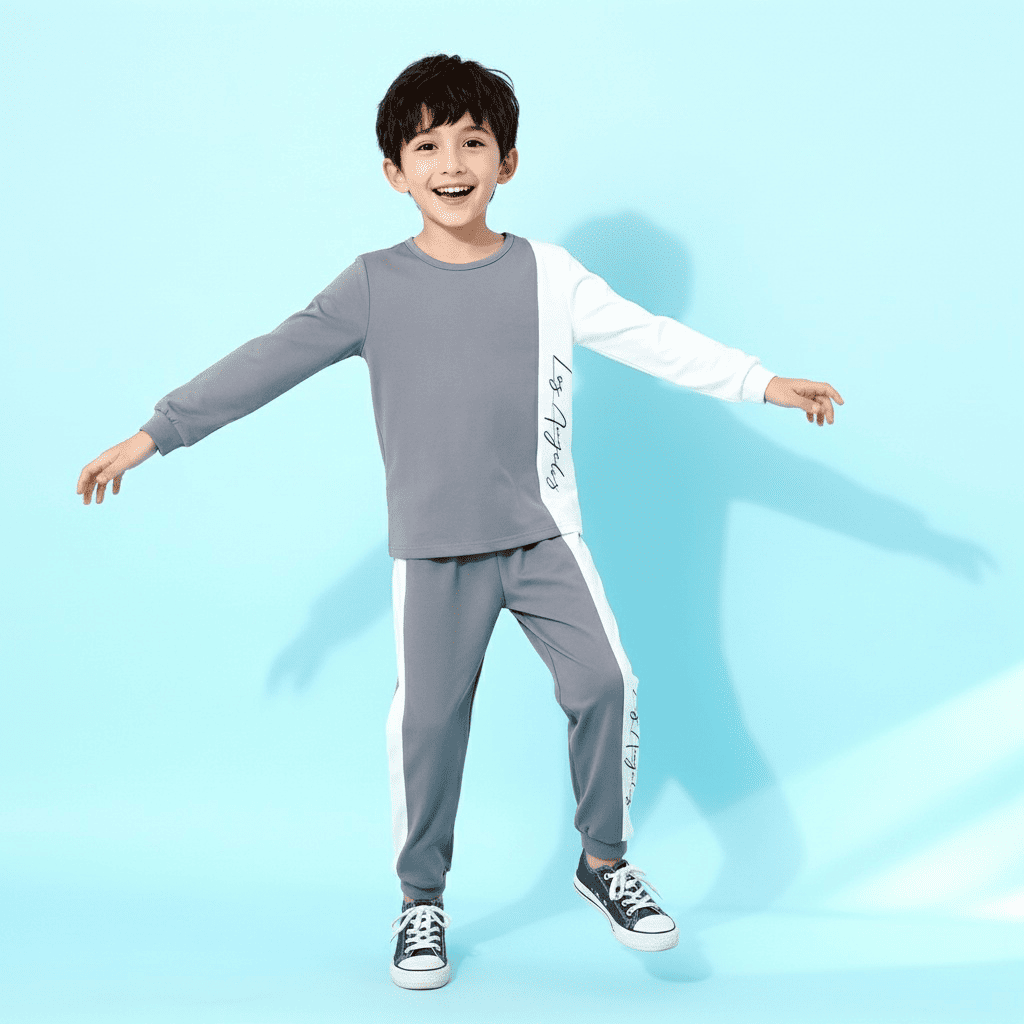 Gray long sleeve top and jogger pants with white side stripe and “Los Angeles” script — modern, minimalist outfit for boys or girls.