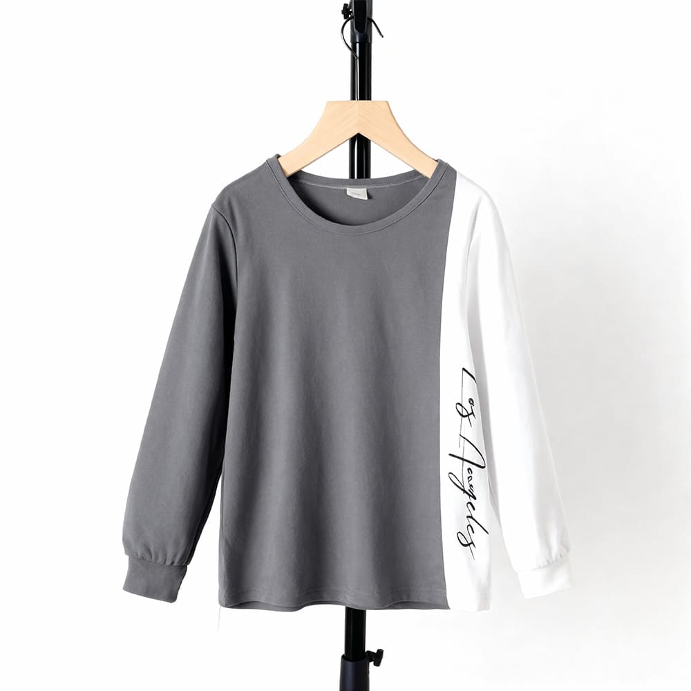 Gray long sleeve top and jogger pants with white side stripe and “Los Angeles” script — modern, minimalist outfit for boys or girls.