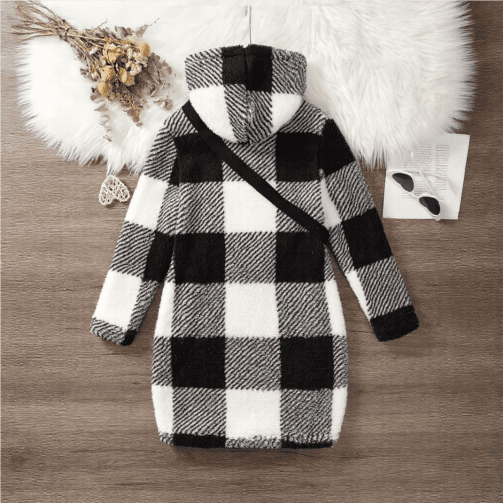Black and white plaid hooded fleece robe with matching belt — cozy, warm loungewear for kids.