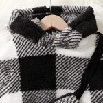 Black and white plaid hooded fleece robe with matching belt — cozy, warm loungewear for kids.