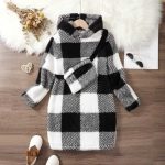 Black and white plaid hooded fleece robe with matching belt — cozy, warm loungewear for kids.
