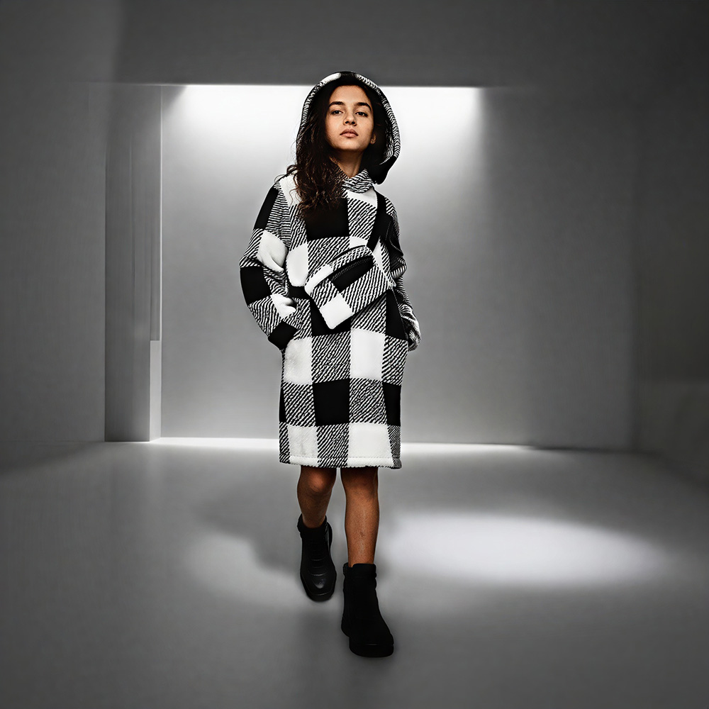 Black and white plaid hooded fleece robe with matching belt — cozy, warm loungewear for kids.