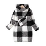Black and white plaid hooded fleece robe with matching belt — cozy, warm loungewear for kids.