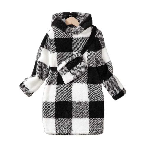 Black and white plaid hooded fleece robe with matching belt — cozy, warm loungewear for kids.