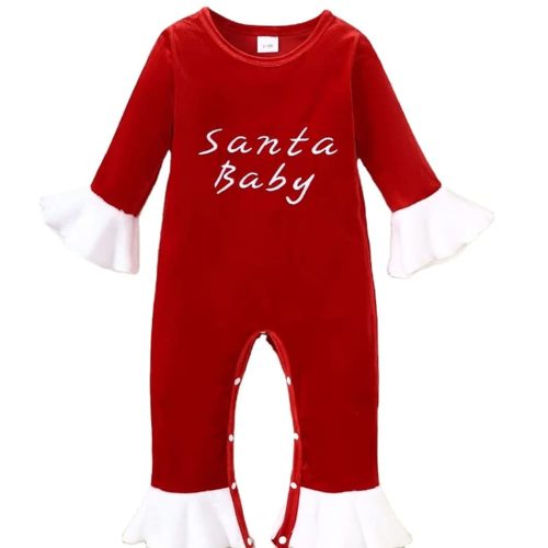 Red velvet “Santa Baby” romper with white ruffled sleeves and cuffs — adorable, festive outfit for newborns and infants.