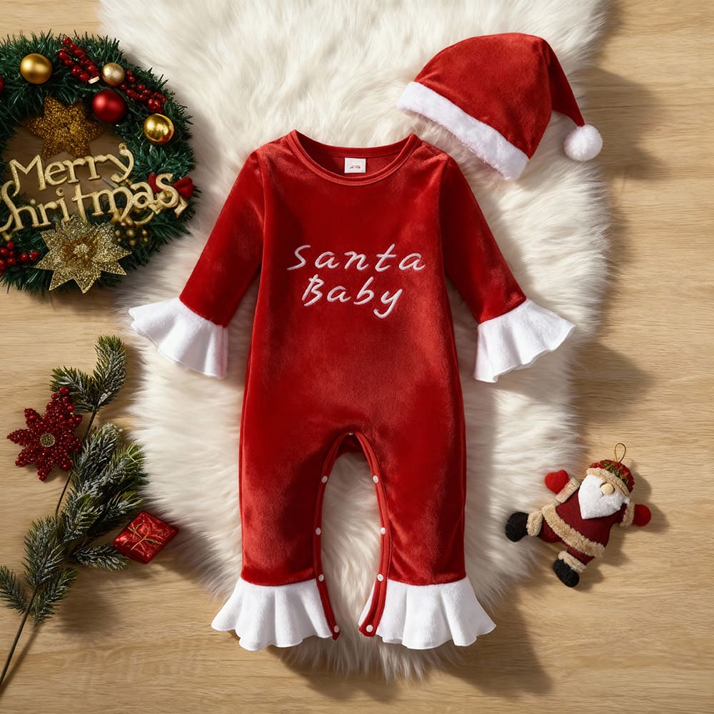 santa-baby-romper-front-styles-by-syl Red velvet “Santa Baby” romper with white ruffled sleeves and cuffs — adorable, festive outfit for newborns and infants.