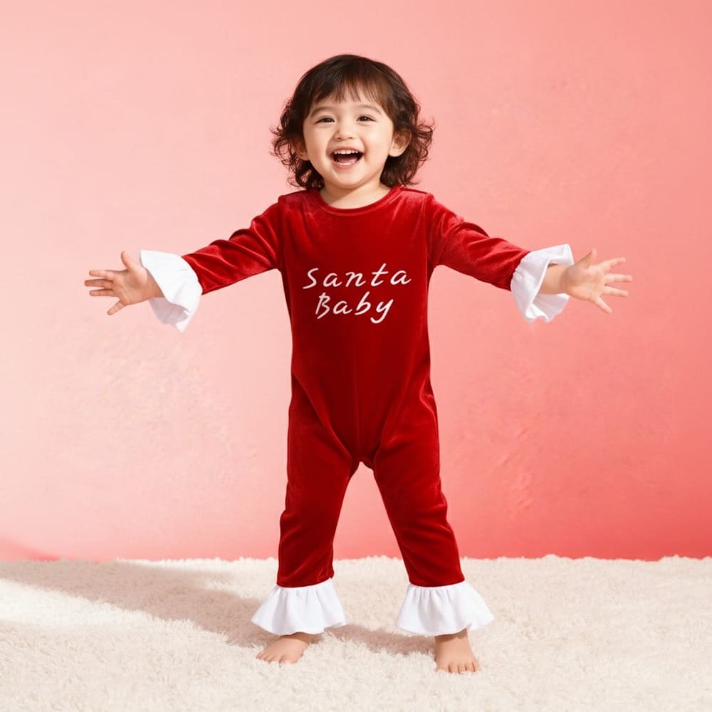 Red velvet “Santa Baby” romper with white ruffled sleeves and cuffs — adorable, festive outfit for newborns and infants.