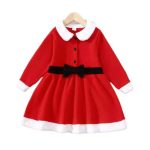Red Santa-style dress for girls with white faux fur collar and cuffs, black bow belt — perfect for Christmas parties and holiday photos.