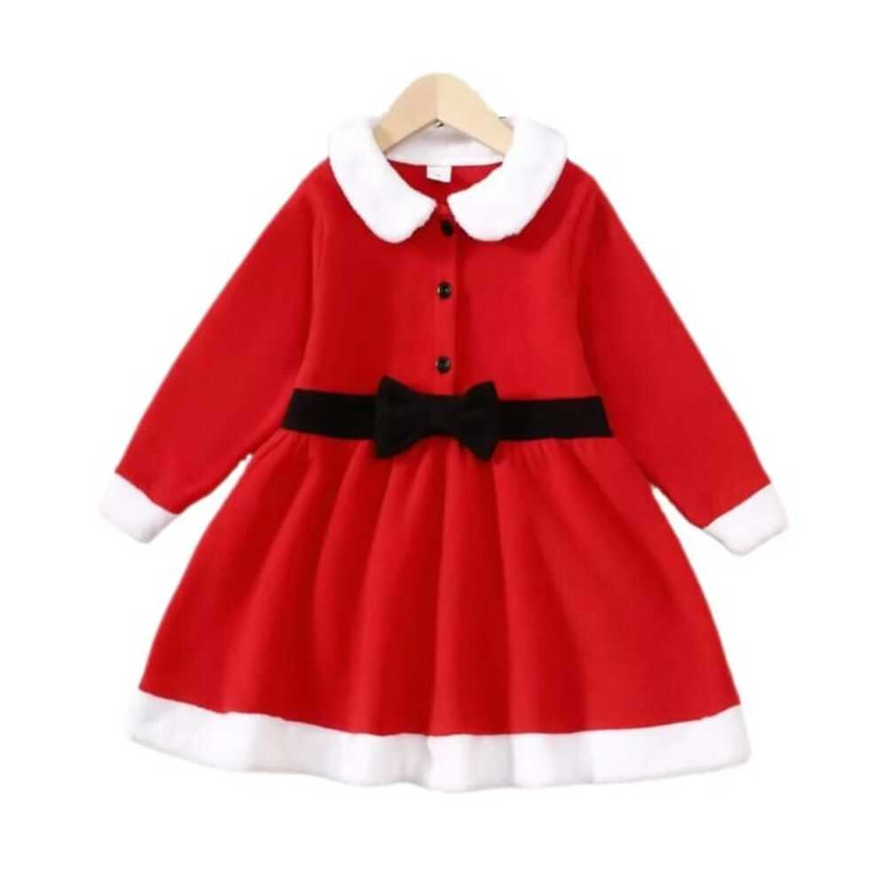Red Santa-style dress for girls with white faux fur collar and cuffs, black bow belt — perfect for Christmas parties and holiday photos.