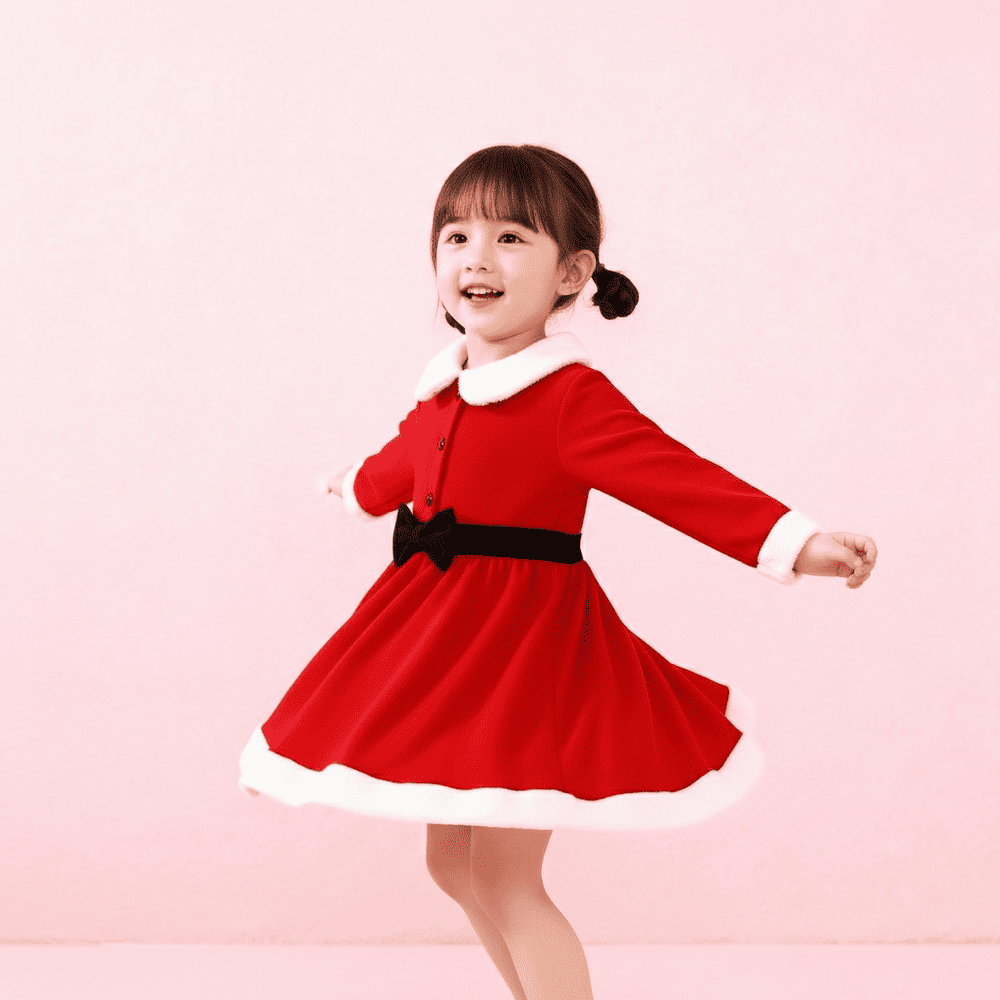 santa-dress-fur-trim-styles-by-syl Red Santa-style dress for girls with white faux fur collar and cuffs, black bow belt — perfect for Christmas parties and holiday photos.