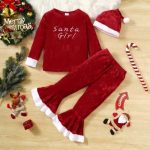 Red velvet “Santa Girl” pajama set with white trim and matching Santa hat — cozy, festive sleepwear for girls.