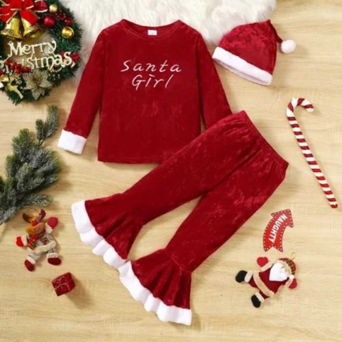 Red velvet “Santa Girl” pajama set with white trim and matching Santa hat — cozy, festive sleepwear for girls.