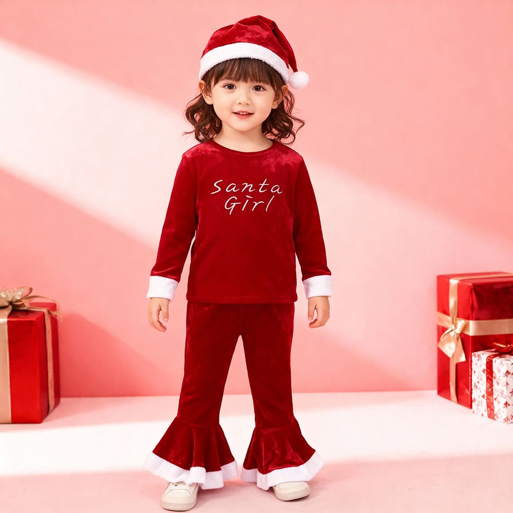 Red velvet “Santa Girl” pajama set with white trim and matching Santa hat — cozy, festive sleepwear for girls.