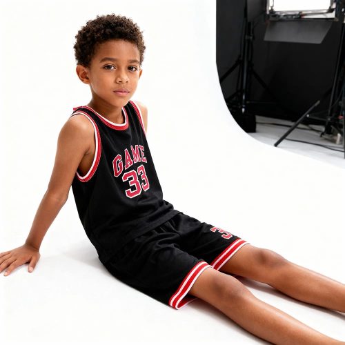 Black kids’ basketball tank top and shorts set with “GAME 33” in red and white — sporty, athletic outfit for active boys.