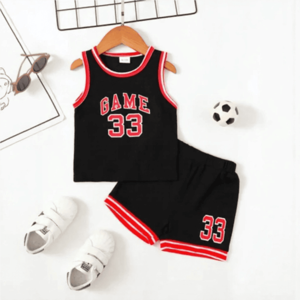 Black kids’ basketball tank top and shorts set with “GAME 33” in red and white — sporty, athletic outfit for active boys.