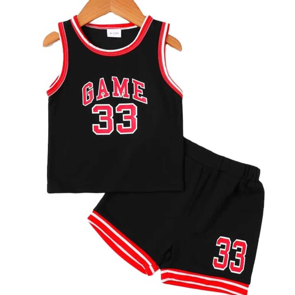 Black kids’ basketball tank top and shorts set with “GAME 33” in red and white — sporty, athletic outfit for active boys.