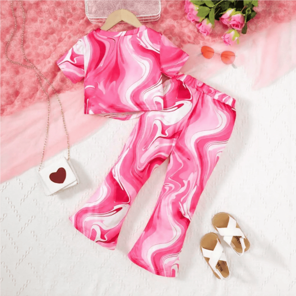 swirl-heart-set-back-styles-by-syl Bright pink swirl heart print t-shirt and flared pants set — bold, playful outfit for girls who love to stand out.