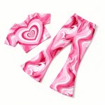 Bright pink swirl heart print t-shirt and flared pants set — bold, playful outfit for girls who love to stand out.