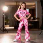 Bright pink swirl heart print t-shirt and flared pants set — bold, playful outfit for girls who love to stand out.