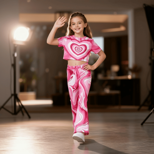 Bright pink swirl heart print t-shirt and flared pants set — bold, playful outfit for girls who love to stand out.