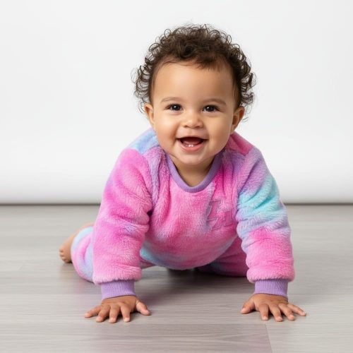 A vibrantly colored toddler girls' fuzzy loungewear set in tie-dye shades of pink, purple, and blue. The set includes a long-sleeve crewneck pullover top and matching jogger pants with elastic cuffs, laid flat on a white fluffy rug.