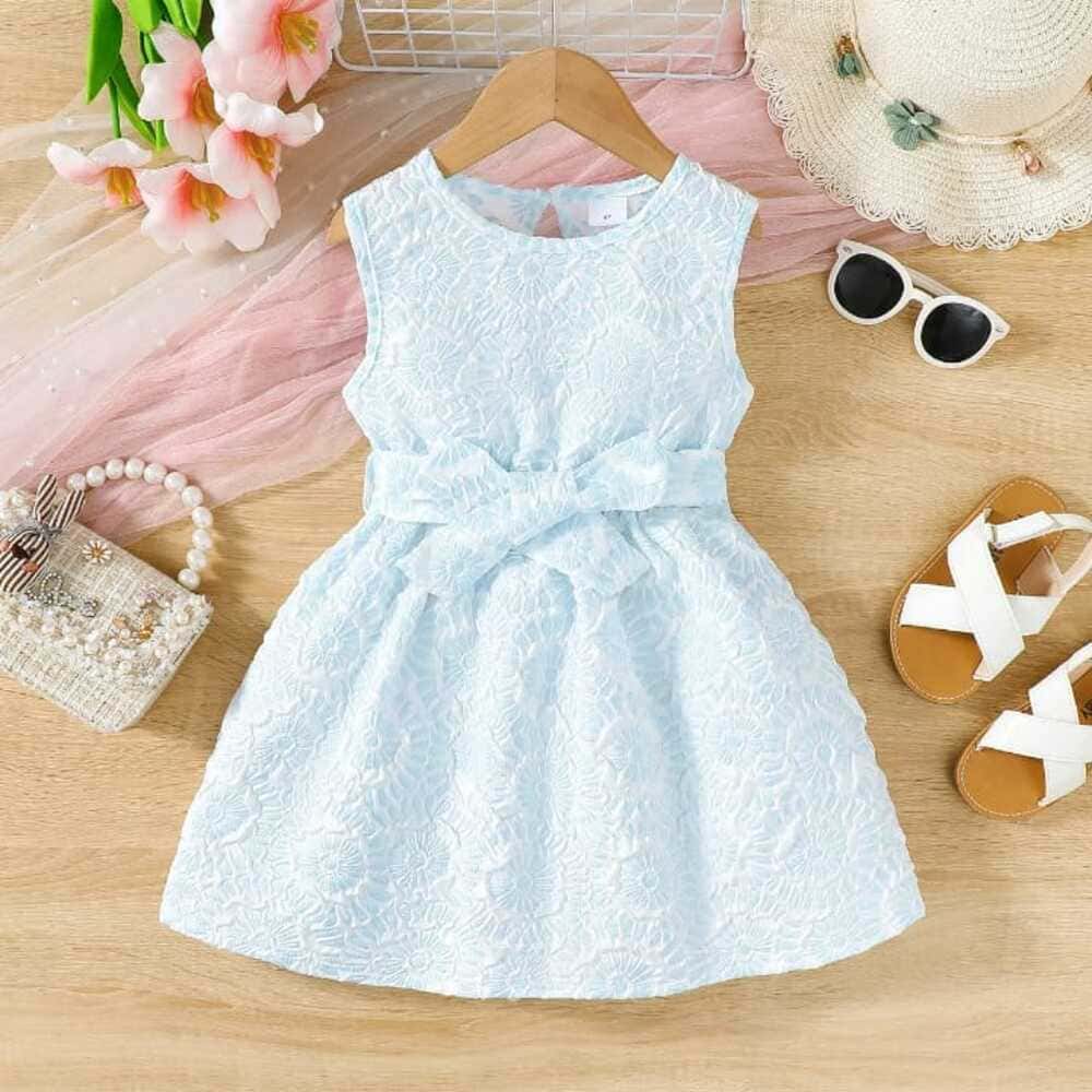 Toddler Girls' Light Blue Sleeveless Jacquard Bow-Waist Dress